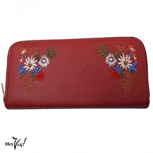 Red Embroidered Flower Zip Wallet Clutch Easy to Hold & Carry 7.5 x4" - Hey Viv